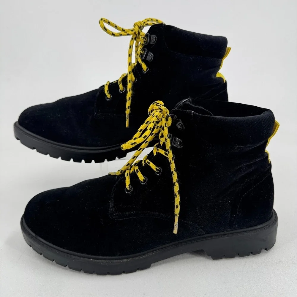 ASOS Design Hiking Boots MENS Black Velvet with Yellow Contrast Lace Up SIZE 9